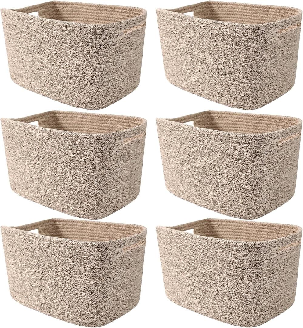 6 Pack Woven Rope Baskets,12.6"9"7.8" Storage Bins for Toys/Books/Towels/Clothes Organizer & Shelf Boxes,Gifts Baskets Empty for Nursery/Living Room/Nursery/Bedroom/Home Decor,Brown