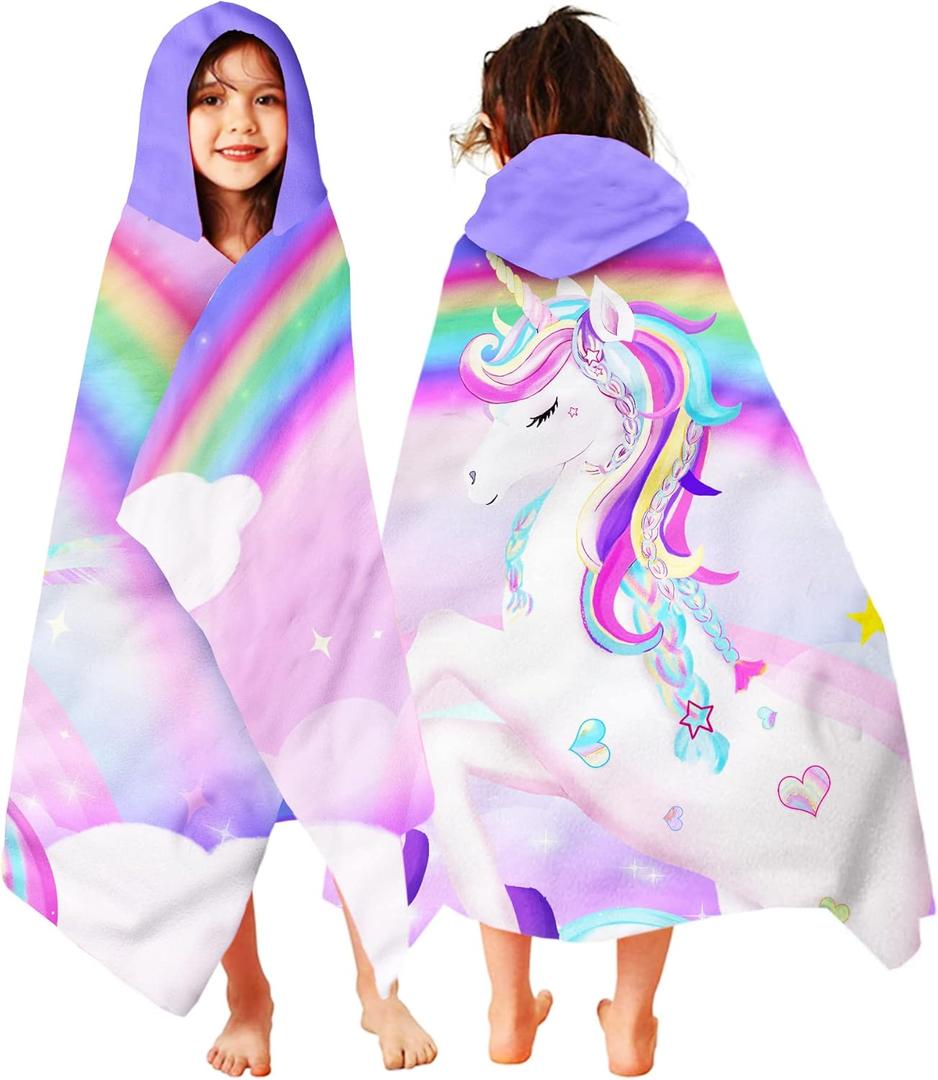 Pink Rainbow Unicorn Hooded Towel - 30" x 50" Microfiber Absorbent Quick Dry Bath Swim Pool Towel Poncho Bathrobe with Hood for Girls & Toddlers