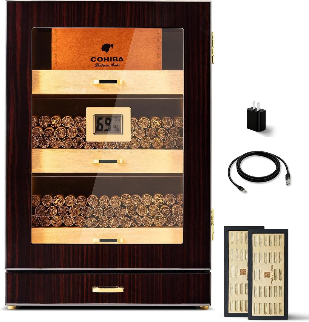 Woodronic Cigar Humidor, Spanish Cedar Cigar Humidor Cabinet with LED Light, Magnetic Door, Accurate Digital Hygrometer, Dividers and Cigar Accessory Drawer, Gift for Men100-150 Cigars