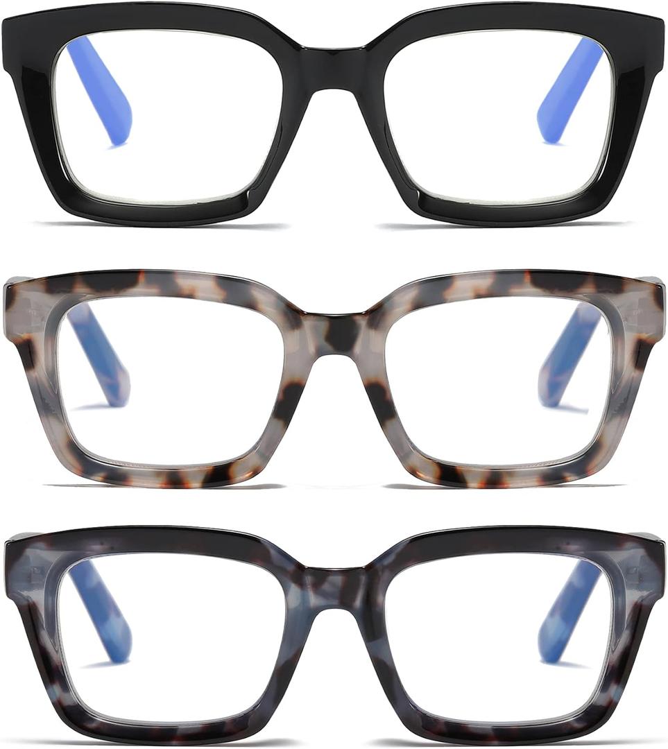 3 Pack Oversize Square Design Reading Glasses for Women, Blue Light Blocking Computer Reader (Black&Grey Leopard&Blue Leopard, 2.25)