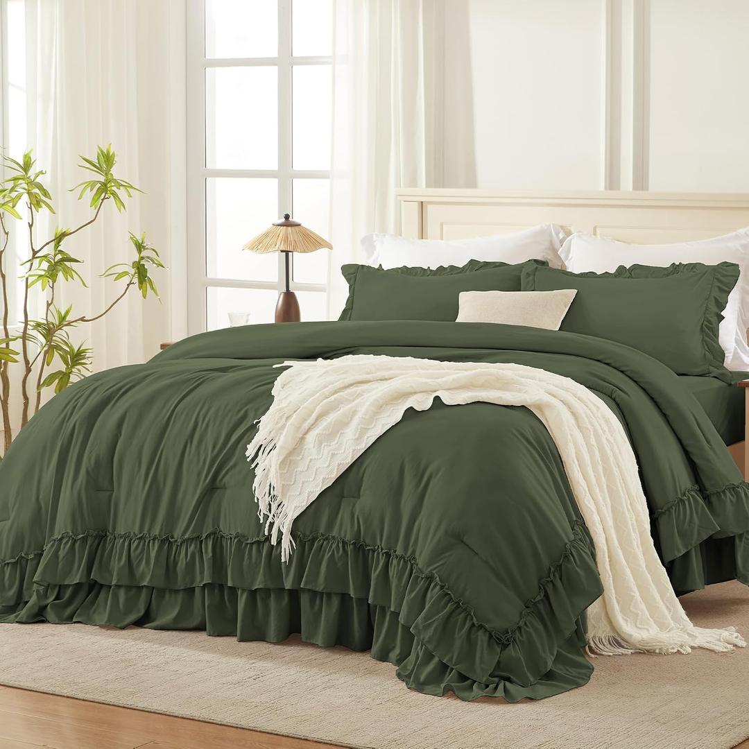 Andency Olive Green Ruffle Comforter Set King, 3 Pieces Solid Bedding
Soft Fluffy Lightweight Polyester Fabric, Shabby Chic Farmhouse All Season Bed Set (1 Comforter 2 Pillowcases)