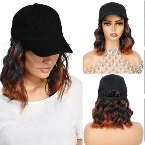 GUOJIAN Hat Wigs for Women 6' Short Wave Baseball Cap Wigs with Curly Hair Extensions Synthetic Wave Wig Adjustable Hat with Hair Attached for Daily Use (1B/350, 6inch)