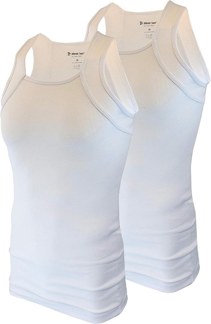 Different Touch 2 Pack Men's Tank Tops Square Cut Muscle Rib A-Shirts (2XL, White W/ White Trim)