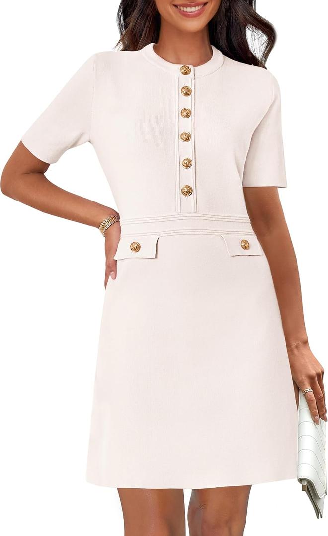 MEROKEETY Women's Summer Bodycon Sweater Dress Business Casual Outfis Short Sleeve Knit Button Formal Elegant Work Dress (White, S)