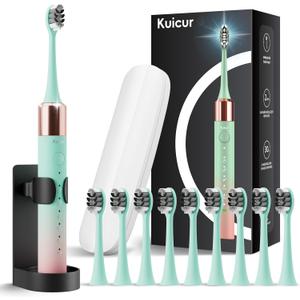 Portable Electric Soft Toothbrush with Travel Case, 90-Day Largest Battery Life, 10 Brush Heads, 5 Modes Deep Clean, Ergonomically-Designed for Enhanced Comfort - Ideal Gift for Adults & Kids (Green-pink)
