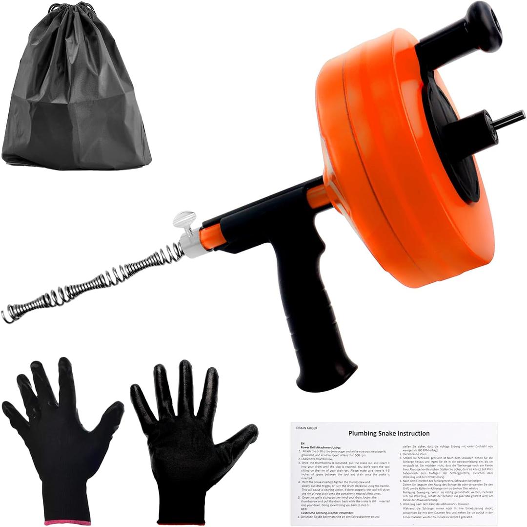 Drain Auger 50FT, Drain Snake with Drill Adapter, Plumbing Snake Clog Remover Use Manually or Powered for Kitchen, Bathtub and Shower Drains