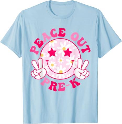 Peace Out Pre-K Teacher Student Groovy Last Day of School T-Shirt (Baby Blue, M)