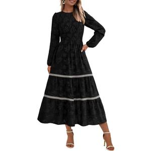 PRETTYGARDEN Long Sleeve Dress for Women 2026 Fall Elegant Modest Floral Boho Smocked Flowy Wedding Guest Midi Dresses (M)