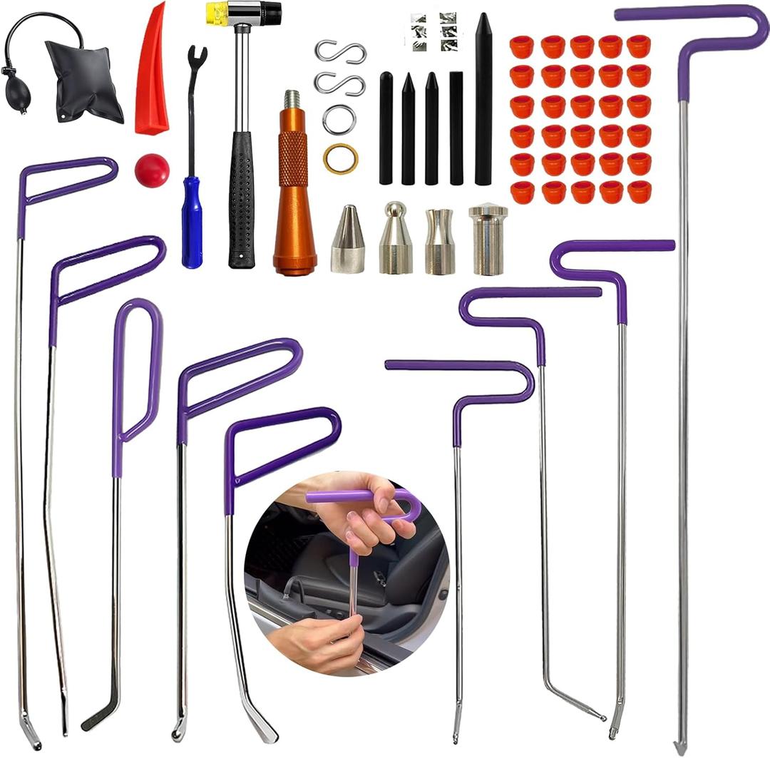59pcs Paintless Dent Rods Repair Tools with Knock Down Pens,Red Soft Caps,Red Wedge and More,Suitable Removal Hail Damage,Dings and More for Car Body Dent Repair
