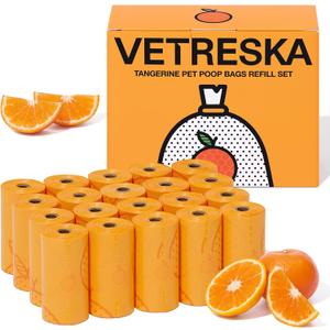VETRESKA Citrus Scented Dog Poop Bags, Leak Proof, Extra Thick and Large Pet Waste Bags for Dogs Walking, Cat Litter and Babies' Diaper, 300 Count Bags (20 Refill Rolls), Orange