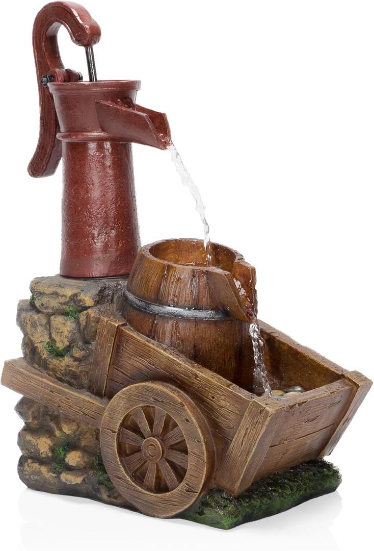Alpine Corporation ZEN276S Indoor/Outdoor Floor Pump and Wheelbarrow Fountain, Vintage Wheelbarrow Garden Fountain 23", Brown