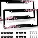 Cherry Blossom License Plate Frame Pink License Plate Cover Funny Auto Accessory Bracket Aluminum Metal Black License Plate Frames for Women Men (Set of 2, 12.3" x 6.3")