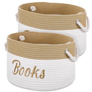 Blushtier 2 Pack Baby Book Baskets for Nursery Embroidered Book Storage Bins 15 x 11 x 9 Inches Woven Cotton Rope Baskets for Book Toy Organizer Storage Room Classroom
