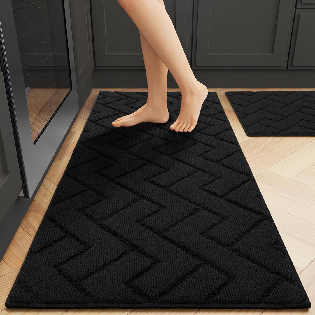 hicorfe Kitchen Runner Rug and Mats Sets,2 Pieces Absorbent Non-Slip Kitchen Rug,Comfort Kitchen Mat for Floor,Washable for Kitchen,Hallway,Office,Sink,Laundry(20"x59"+20"x32",Black)