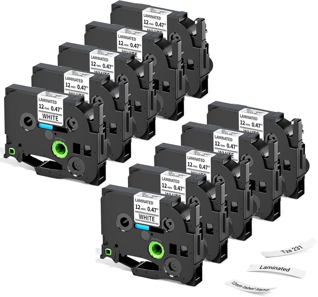 Label KINGDOM Aze-231 Refill Compatible with Brothr p Touch tze laminatied Label Maker Tape 12mm 1/2"(0.47") for ptouch Printer PTD210 PTD220 PTH110, 10 Pack (Black on White)