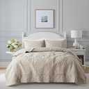 B2EVER Beige Damask Quilt Queen Size Bedding Sets with 2 Pillow Shams, Boho Bedspread Lightweight Soft Farmhouse Vintage Bohemian Coverlet Retro Jacquard Pattern Bed Cover for All Season, 3 Pieces