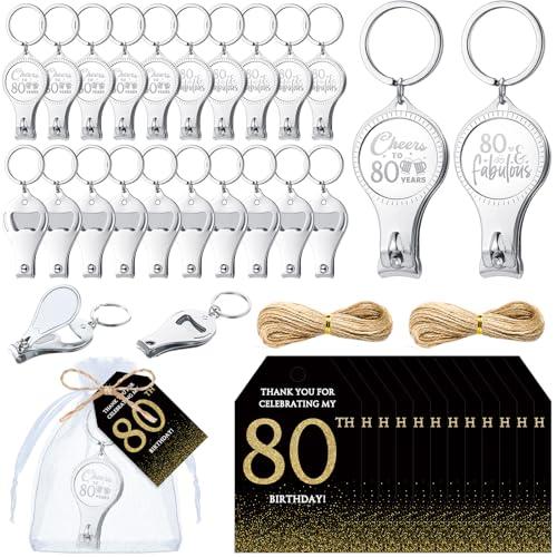 Zeyune 50 Sets 80th Birthday Party Favors for Guests Cheer to 80 Years Multi-functional Bottle Opener Nail Clippers with Thank You Card Organza Bags and Hemp Rope Anniversary Party Favors