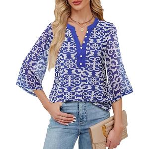 VALOLIA Women's Tops: Work Tops for Women - Dress Shirts for Women - Womens Blouses Dressy Casual Multi Blue Large