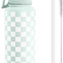 Checker Stainless Steel Water Bottle with Strap 32oz, Insulated Bottles with Straw and Spout Lid for Gym Sports Travel Outdoor, Gifts for Women Girls Birthday Christmas
