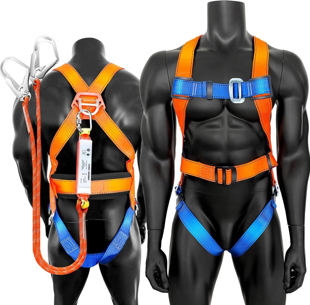 Full Body Safety Harness Tool Fall ProtectionOSHA/ANSI Compliant,ASTM F1774certified | INTERNAL Shock Absorbing LanyardOrange