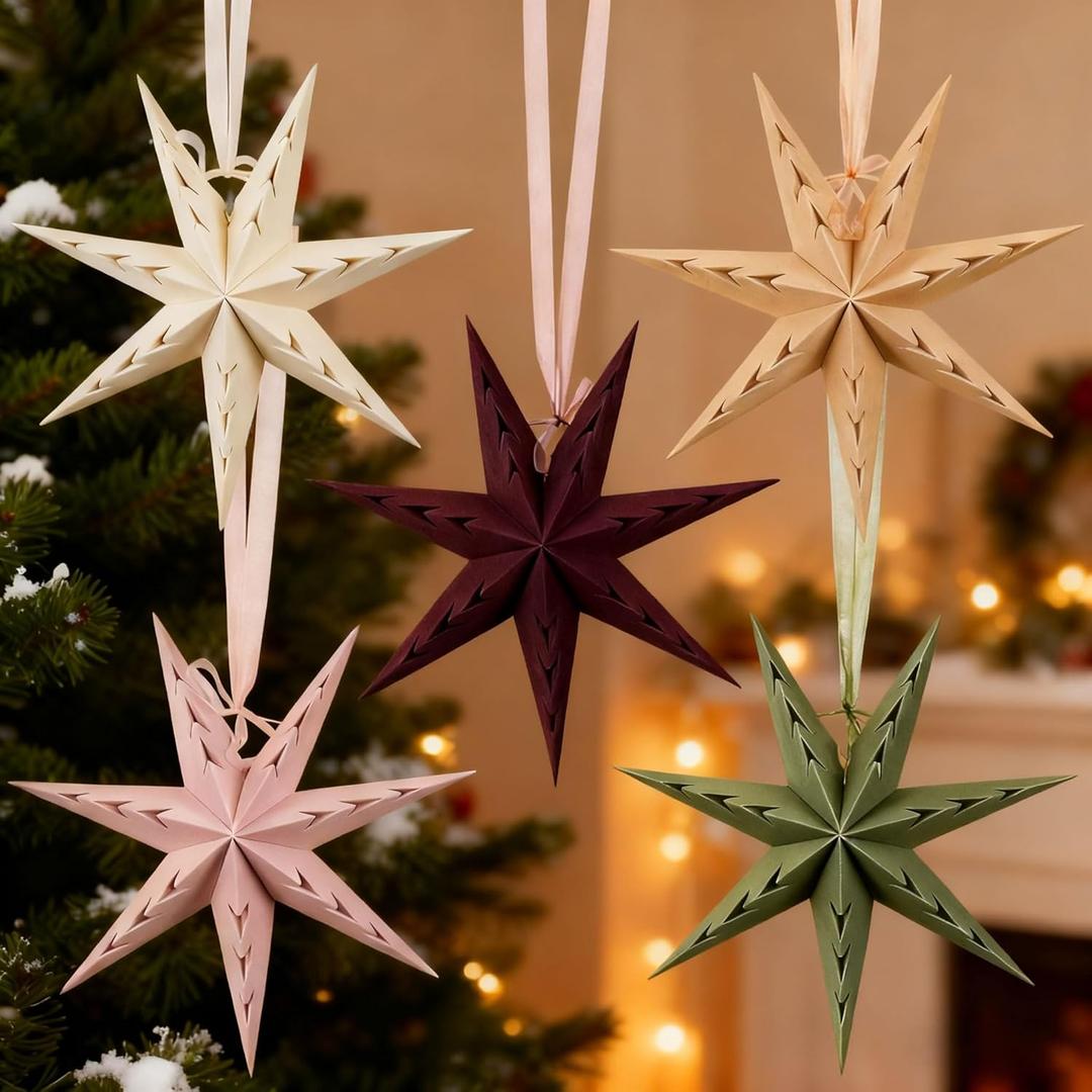 Paper Star Lanterns Hanging Boho Christmas Ornaments 5PCS 12 inch for Xmas Wedding Birthday Christmas Home Party Decorations