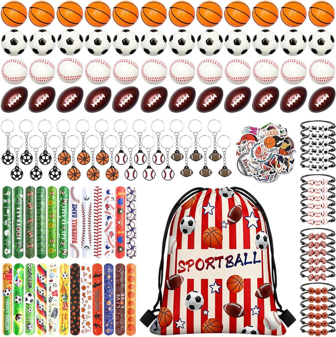 169 Pcs Sportball Party Favors Bulk 48 Pcs Sportball Stress Balls and Sport Stickers 24 Pcs Sport Keychain and Wristbands and Snap Bracelets Drawstring bags for Team Birthday Party Supplies