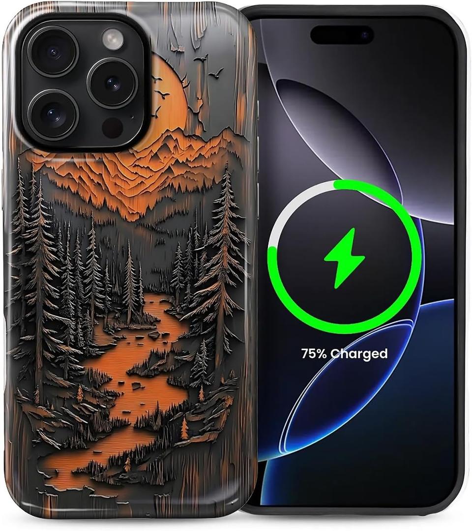 for iPhone 15 Pro Max Case, Compatible with MagSafe,Dual-Layer Hard Shell + Silicone Cover, Full Body Protection Shockproof Case for iPhone 15 Pro Max-Faux Wood Mountain Rustic Forest
