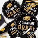 140PCS Graduation Party Supplies Congrats Grad Plates and Napkins Graduation Party Decorations Black Gold Disposable Tableware Set Congrats Grad Party Paper Plates, Serve 20 Guest