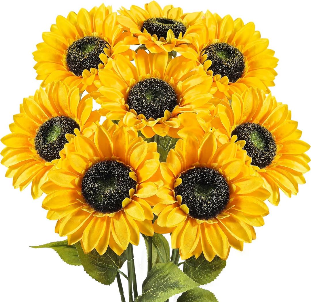 8 PCS 5.9" W x 24.8" H Large Sunflowers Artificial Flowers with Long Stems Silk Fake Big Sunflowers Bouquet Faux Sunflower Arrangement for Home Vase Table Wedding Garden DIY Fall Decor