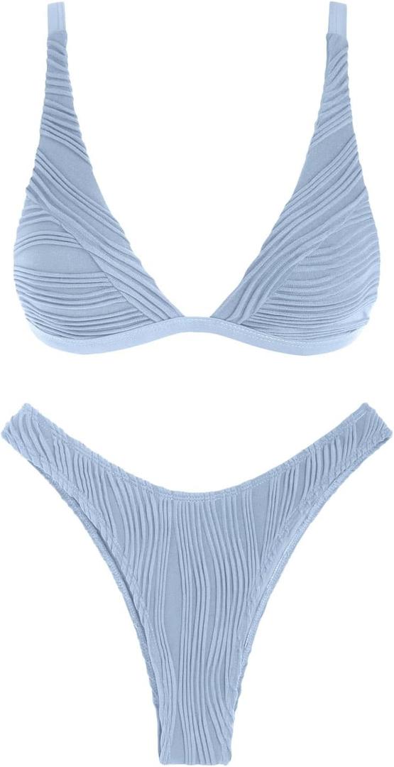 ZAFUL Bikini Sets for Women Triangle Textured Plunging High Cut Cheeky Bikini Swimsuits Two Piece Bathing Suits (Large, 2-light Blue)