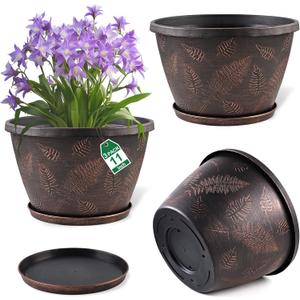 11 inch Plant Pot, 3 Pack Large Pots for Plants, Flower Pots with Drainage Hole & Saucer, Modern Planters for Indoor Outdoor Plants, Decorative Plastic Garden Pots (Copper)