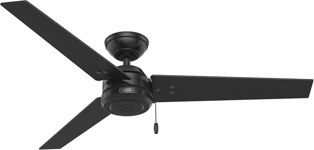 Hunter 52-inch Outdoor or Indoor Ceiling Fan No Light - Black Ceiling Fan without Light, For Patio, Porch, Garage, or Living Room, Standard Mount, 3 Blades, Pull Chain - Cassius 59264, Matte Black