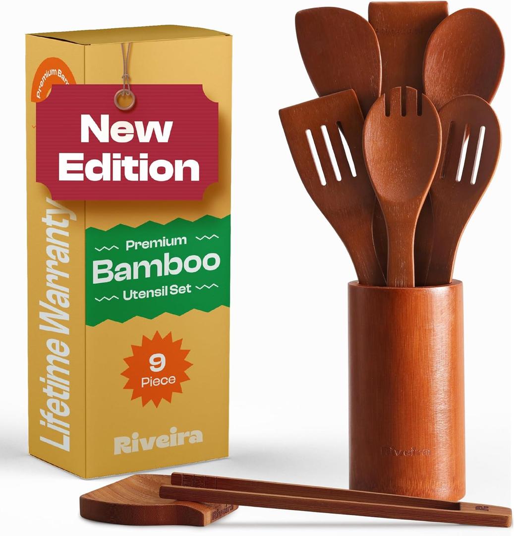 Riveira Premium Brown Bamboo Wooden Spoons for Cooking Set of 9  Premium Brown Bamboo Wooden Cooking Utensils, Wooden Spatula, Wooden Spoon - Premium Quality Wooden Utensil Set for Non-Toxic Cooking