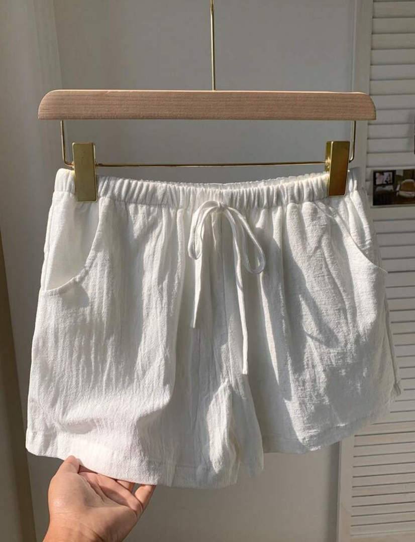 Comfortcana Women Solid Color Waist Tie Pocket Relaxed Casual Shorts, SIZE M
