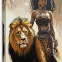 Modern African American Woman Lion of Judah Black Girl Wall Art Canvas Framed Contemporary Portrait Gold Animal Pictures Wall Decor Prints Poster Artwork for Living Room Bedroom Bathroom (12"x16")