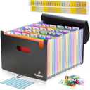Plastic Accordion File Organizer, 26 Pockets Expandable File Folder Organizer, A4 Letter Size Filing Organizer with Colorful Tabs, Elastic Cord, 60 Paper Clip, Label & Stickers for Office School Home (Black)