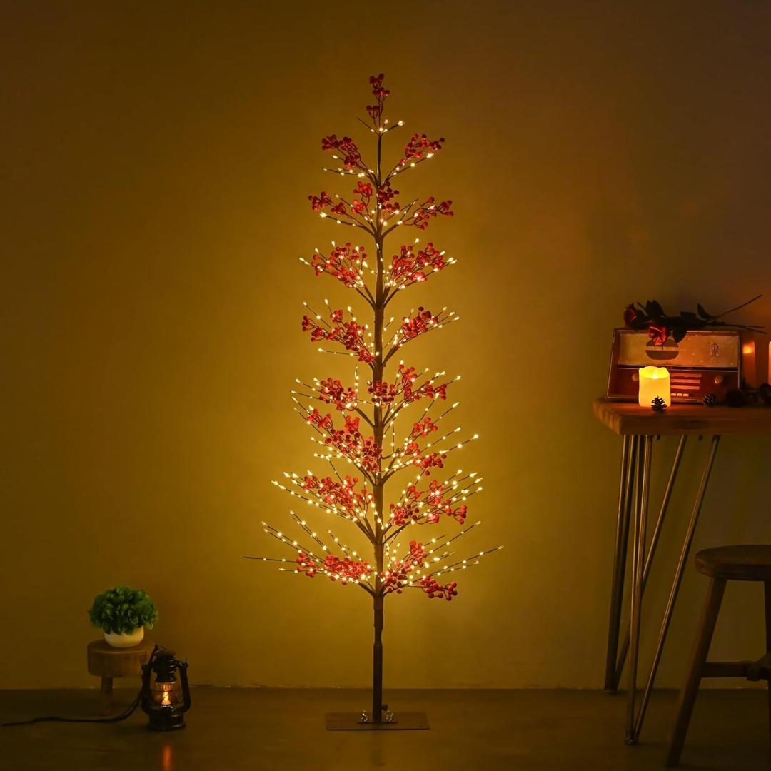 5FT Red Berry Tree Light with 518 LED Lights, Artificial Tree IP44 Waterproof Twinkle Light White Christmas Tree for Indoor Outdoor Festival Wedding Party Christmas Decorations (5FT/518LED)