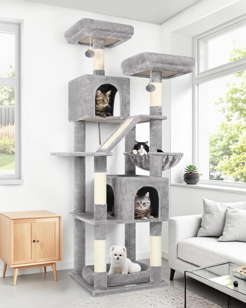 Globlazer Large Cat Tree Tower for Indoor Cats, 74in Tall Sturdy Cat Tree Condo for Large Cat with Scratching Posts and Board, Cat Condos for Adult Cats Kittens, Top PerchesPet Bed, F74D, Light Grey