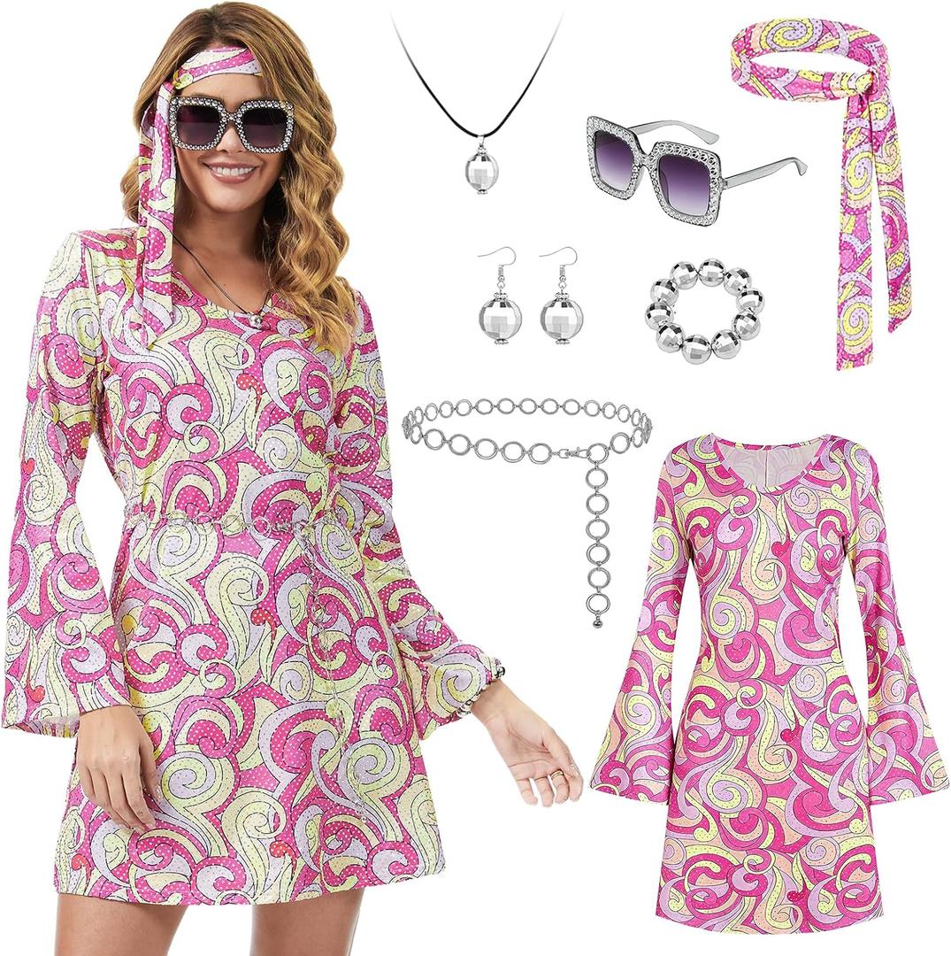 60s 70s Hippie Costume Dress, Women's Retro Disco Outfit, 70s Prom Bling Hippie Dress for Halloween Cosplay Party Large