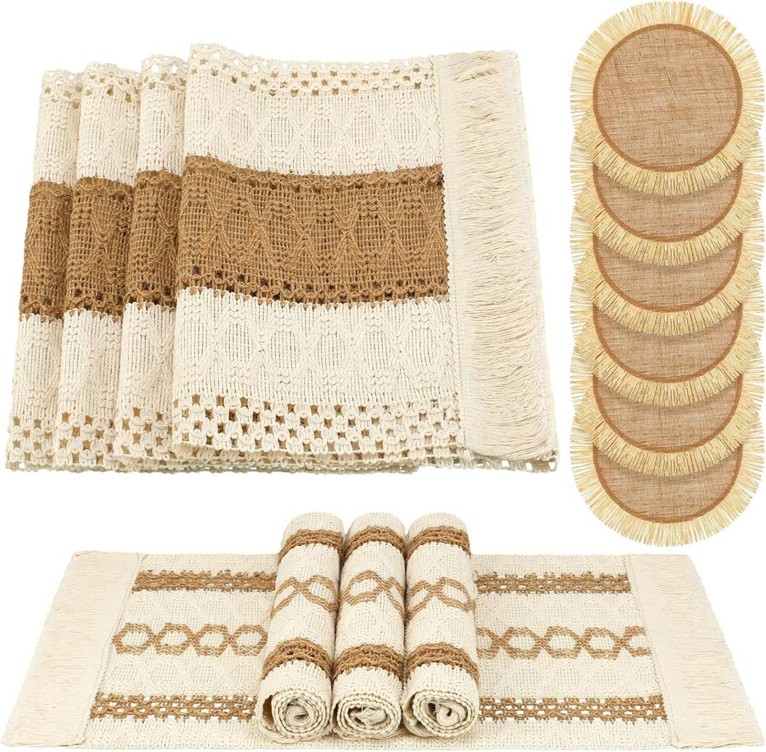 Xuhal 13 Pcs Boho Placemats and Table Runner Set Farmhouse Round/Rectangular Woven Placemats Cotton Macrame Table Runner 11.8 x 78.7 Inch Rustic Decor for Dining Kitchen Spring Tea Party