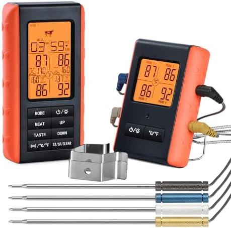 Wireless Meat Thermometer for Grilling and Smoking, Food Thermometer for BBQ Smoker Oven Cooking Steak, Grill Thermometer for Outside Grill with 4 Meat Probes, Kitchen Timer