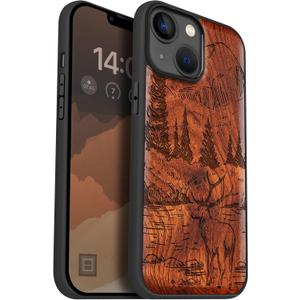 Carveit Magnetic Wood Case for iPhone 14 Case [Natural Wood & Black Soft TPU] Shockproof Protective Cover Unique Wooden Case Compatible with magsafe (Mountains and Deer -Rosy)