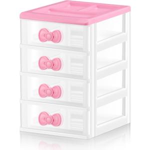 Tatuo Lovely Receiving Storage Cabinets Kawaii Makeup Organizer with 4 Layers Cute Storage Cabinet Box with Bow Handle Plastic Desktop Storage Box for Home Bedroom Bathroom Women Gifts(Clear)