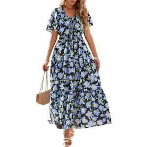 KIRUNDO Spring Summer Wedding Guest Dresses for Women 2026 Boho Floral Short Sleeve V Neck Ruffle Tiered Flowy Maxi Dress