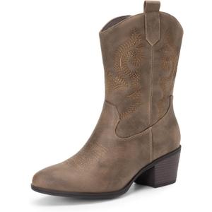 DREAM PAIRS Cowboy Boots for Women, Mid Calf Cowgirl Boots with Embroidery Round Toe Western Chunky Low Heel Shoes (11, Camel)