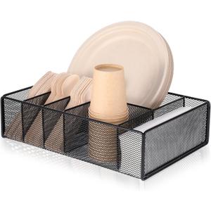 Paper Plate Organizer for Countertop, Metal Utensil Silverware Caddy for Kitchen Cabinets Cutlery Holder Flatware Dispenser Storage Box for Plastic Spoon Fork Plates Napkins Cup Party Buffet Picnic