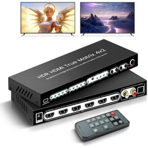 FERRISA 8K 4X2 HDMI Matrix 4 in 2 Out HDMI 2.1 Matrix HDMI Video Switcher Splitter +Optical & L/R Audio Output,Support 4K 120Hz,HDR10 HDCP2.3 Dol-by Vision Atmos SPDIF 5.1CH ARC CEC with IR Remote