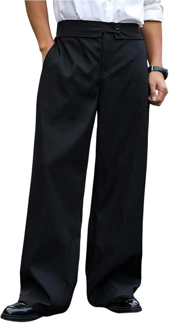 Verdusa Men's Wide Leg Work Dress Pants Button Long Trousers with Pockets (Black, XL)