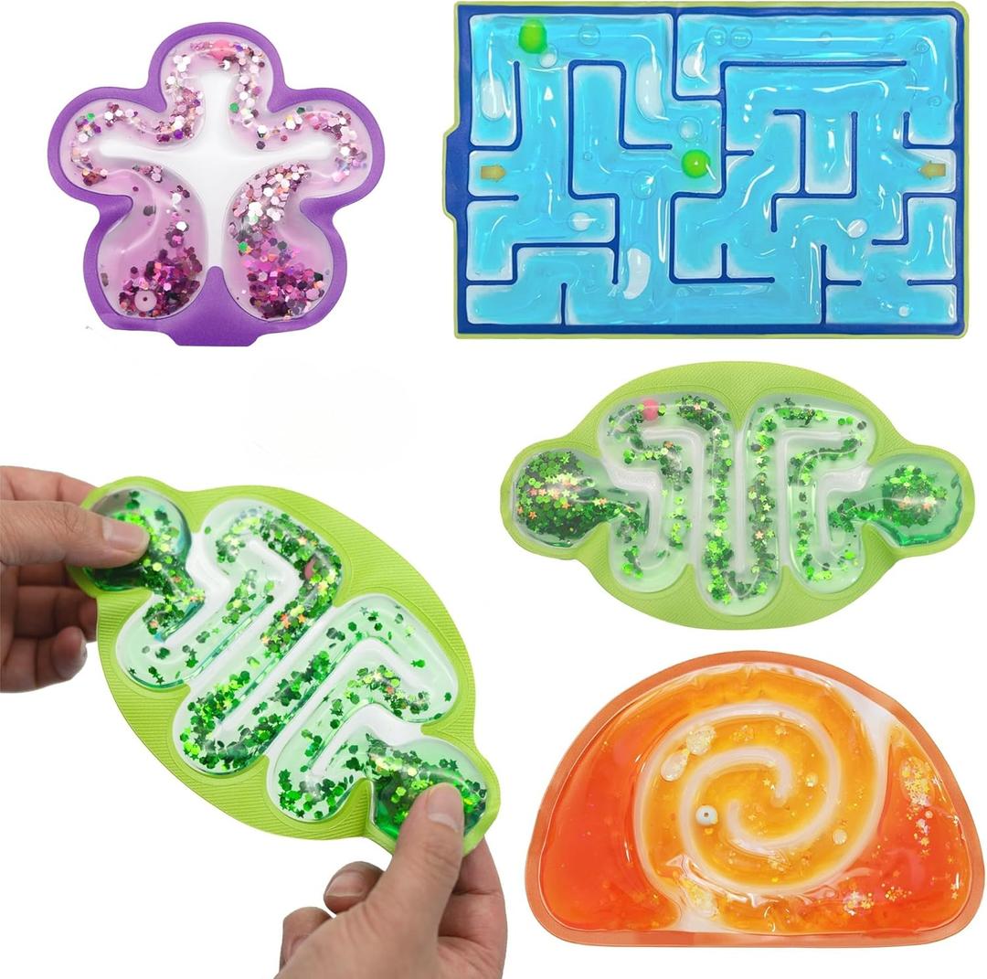 Squishy Sensory Toys for Kids, 4 Pack Maze Fidget Toys for Autism, Squeeze Toys with Filled Gel, Glitter, Stress Anxiety Relief Toys, Prizes for Kids Classroom