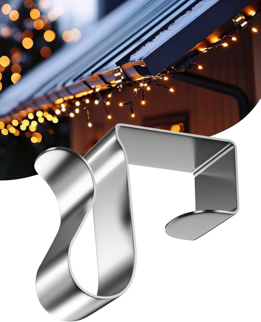 Gutter Clips for Hanging Outdoor Lights: 100 Pcs Metal Christmas Light Clips for outside String Lights - Weatherproof Gutter Clips for Xmas Halloween Seasonal Rope Mini Holiday Decoration Lights (Silver)